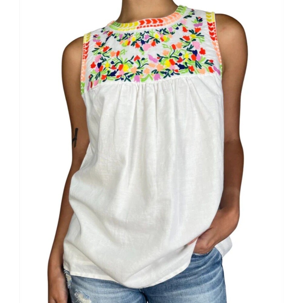 J Crew Size 8 Floral Embroidered Blouse Linen Blend White Tank Top Boho Festival